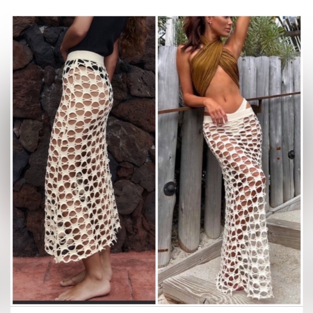 ZARA Mesh Midi Skirt (Color: Ecru, Size: S)
